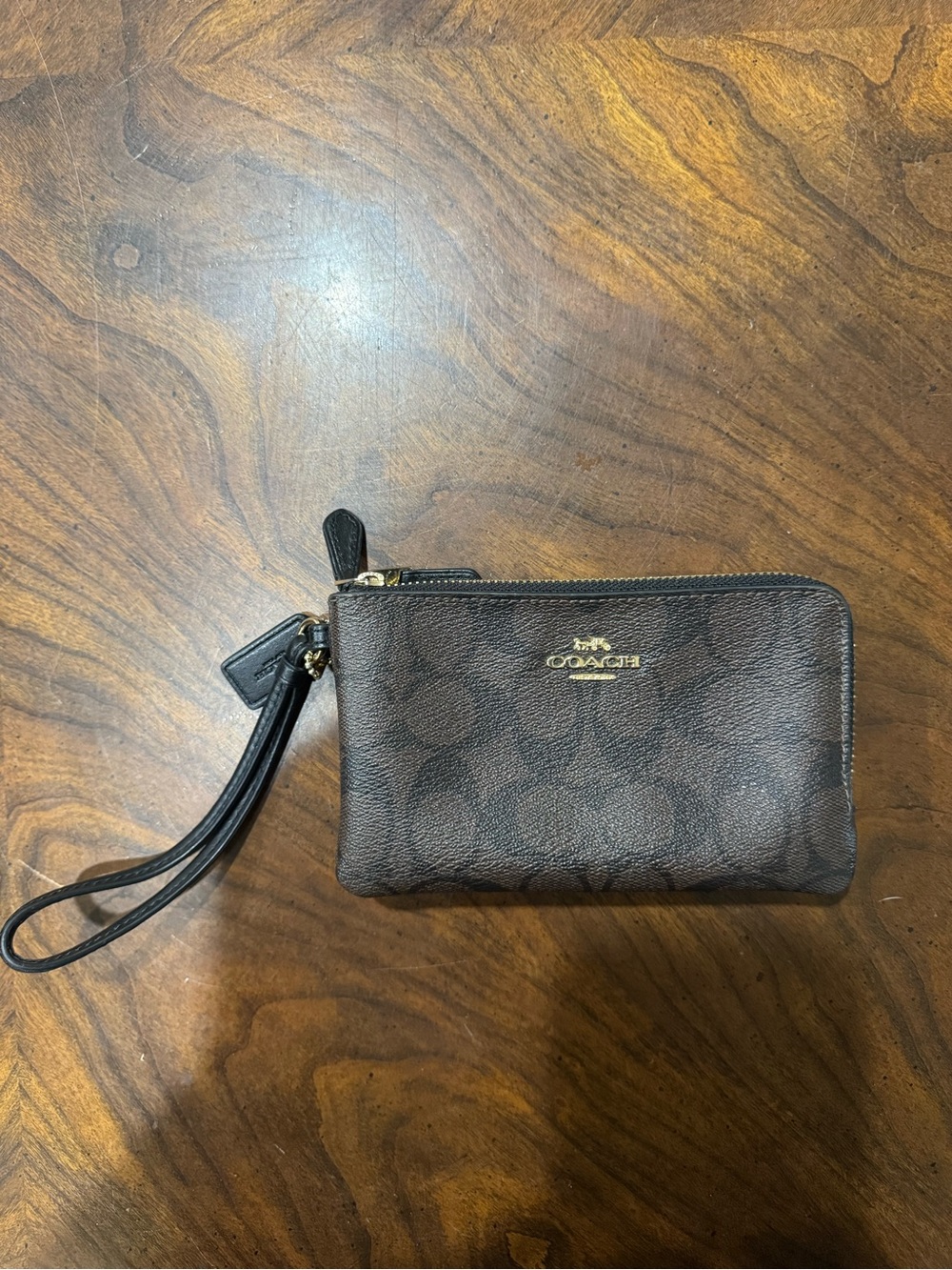 Coach Dark Brown Signature Wristlet Card Case with Wrist Strap